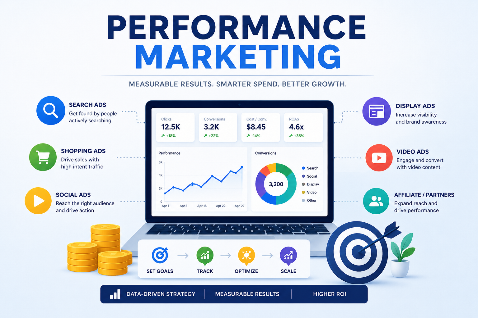 Performance Marketing dashboard — search, shopping, social, display and video ads with ROAS and conversion tracking
